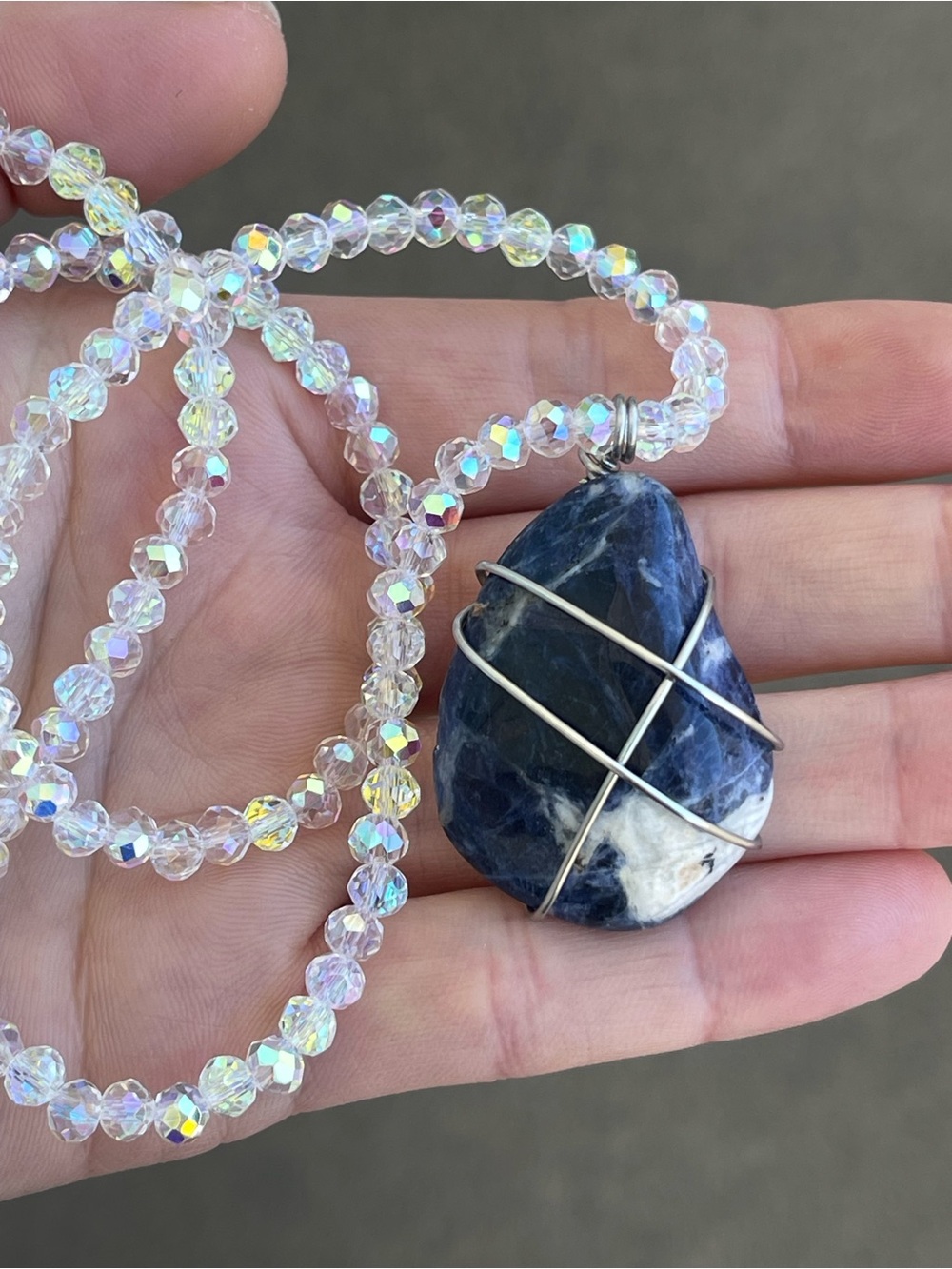 Blue Sodalite Stainless Steel Silver Wire Wrap Necklace White AB Glass Beads